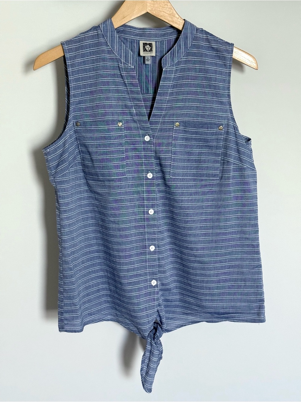 Anne Klein Blue White Striped 100% Cotton Tie Button Front Sleeveless Top Small